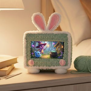 Könnte beinhalten: Eine gehäkelte Nachtlampe in TV-Form mit Hasenohren. Der grüne Rahmen hat weiße Verzierungen und rosa Akzente. Der Bildschirm zeigt eine Cartoon-Szene. Sie steht auf einer Holzoberfläche.
