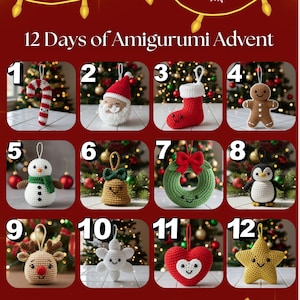 Puede incluir: Imagen de un calendario de Adviento "12 Days of Amigurumi", con adornos navideños de ganchillo. Los adornos incluyen un bastón de caramelo, Papá Noel, un calcetín, un hombre de jengibre, un muñeco de nieve, una campana, una corona, un pingüino, un reno, un copo de nieve, un corazón y una estrella.