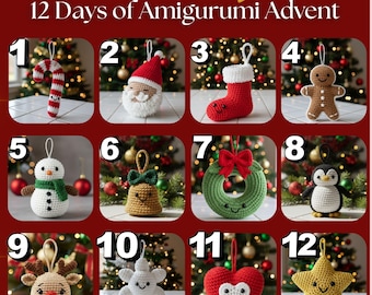 Puede incluir: Imagen de un calendario de Adviento "12 Days of Amigurumi", con adornos navideños de ganchillo. Los adornos incluyen un bastón de caramelo, Papá Noel, un calcetín, un hombre de jengibre, un muñeco de nieve, una campana, una corona, un pingüino, un reno, un copo de nieve, un corazón y una estrella.
