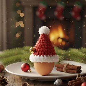 May include: A brown egg wearing a red and white crocheted Santa hat with a gold bell. The egg sits on a white plate with a red ornament and cinnamon sticks. Christmas-themed decor includes a fireplace and stockings in the background.