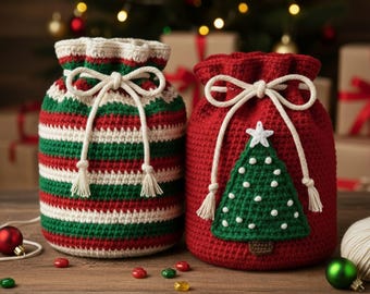 Crochet Christmas Gift Bag Pattern – Holiday Drawstring Bag Set (PDF)