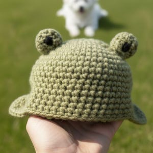 May include: A light green crochet hat shaped like a frog, featuring two large eyes and a brim. The hat is held in a hand, with a blurred white dog in the background on a green lawn. The hat is handmade.