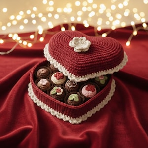 May include: A heart-shaped, crocheted box in deep red, filled with decorative chocolates. The box has a white scalloped trim and a white flower on the lid. The chocolates are individually decorated with various colors and designs.