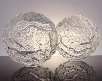 Vintage Textured Glass Lamp Shades Pair / Clear Ice Glass Globe Covers / Mid Century Lighting