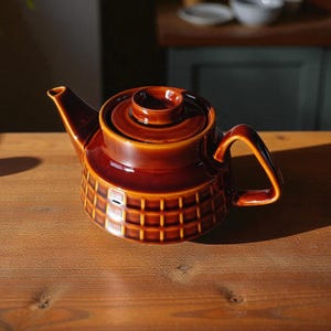 Peut inclure: Théière en céramique marron avec couvercle et anse. La théière présente un motif géométrique sur la moitié inférieure et repose sur une surface en bois. La théière mesure environ 25 cm de long.