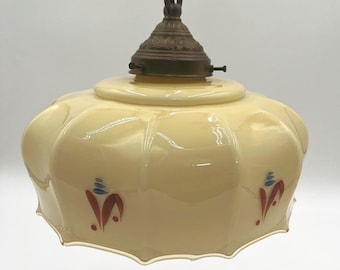 Antique Art Deco Hanging Ceiling Lamp / Hand Painted Opaline Glass Pendant / Chain Chandelier 1920s