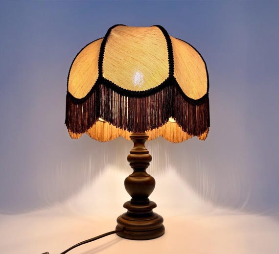 Vintage Wooden Table Lamp / Fringed Fabric Shade / Handmade Bedside Light / Retro Decor
