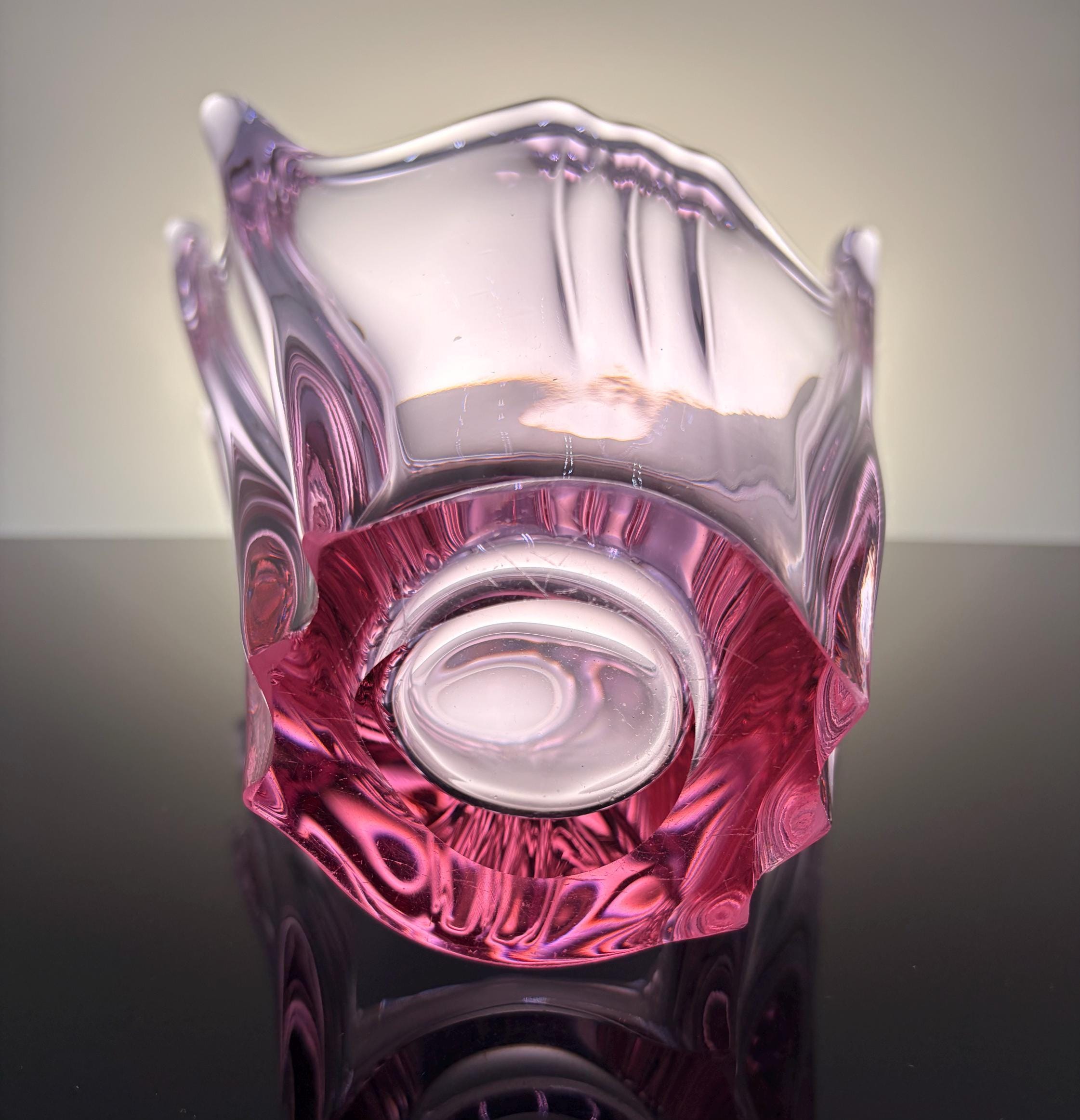 Val Saint Lambert Pink Crystal Vase / Vintage Belgian Art Glass