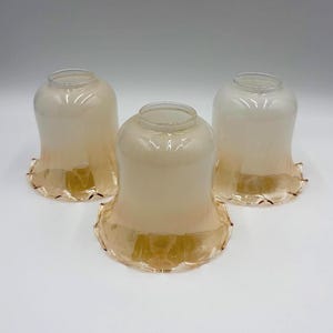 Könnte beinhalten: Drei glockenförmige Lampenschirme aus Glas mit einem glatten, undurchsichtigen weißen Oberteil, das in eine durchscheinende, warm bernsteinfarbene Basis übergeht, mit einem zarten, gerüschten und gewellten Rand an der unteren Öffnung.