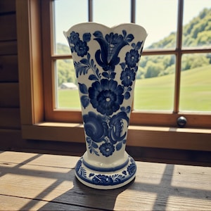 Könnte beinhalten: Eine weiß-blaue Keramikvase mit ausgestelltem Oberteil und breitem Fuß. Die Vase ist mit blauen Blumenmustern verziert. Sie steht auf einem Holztisch vor einem Fenster.