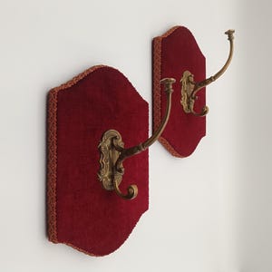 Pair of Vintage Brass Wall Hooks on Velvet Plaques, Rococo Revival Style, Wall Decor