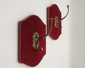 Pair of Vintage Brass Wall Hooks on Velvet Plaques, Rococo Revival Style, Wall Decor