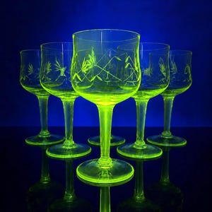 Puede incluir: Un conjunto de seis copas de tallo largo en color amarillo verdoso neón brillante dispuestas en grupo. Cada copa presenta un patrón botánico grabado de hojas y tallos alrededor del cáliz, sobre una base circular y fondo azul oscuro.