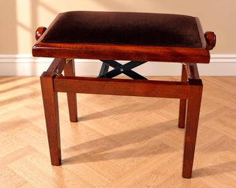 Taburete de piano vintage ajustable / Banco de música de madera / Asiento tapizado en marrón / Altura regulable
