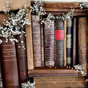 Op de afbeelding: Een verzameling antieke boeken in verschillende maten en bruintinten, met zichtbare titels zoals "NANA" en "The Wisdom of Life". Witte bloemen zijn rond de boeken gerangschikt, wat een vintage esthetiek cre&euml;ert.