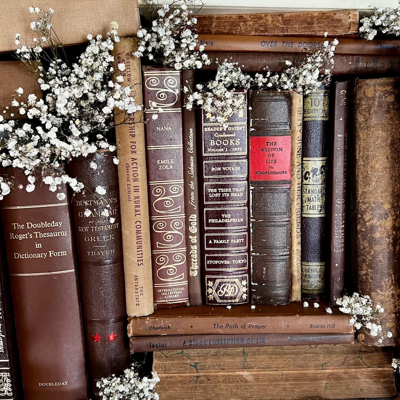 Op de afbeelding: Een verzameling antieke boeken in verschillende maten en bruintinten, met zichtbare titels zoals "NANA" en "The Wisdom of Life". Witte bloemen zijn rond de boeken gerangschikt, wat een vintage esthetiek cre&euml;ert.