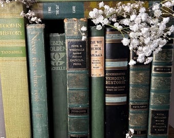 Vintage Books | Shades of GREEN | Hardcover | Office Decor, Shelf Display, Old Library, Staging Photo Prop, Wedding Decor, Vintage Gifts