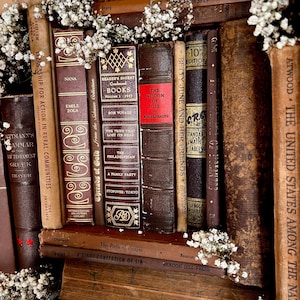 Op de afbeelding: Een verzameling antieke boeken met versleten, getextureerde covers in bruine en beige tinten. Titels zijn onder meer "The Wisdom of Life" en "Reader's Digest Condensed Books". Kleine witte bloemen zijn tussen de boeken gerangschikt en cre&euml;ren een klassieke esthetiek.