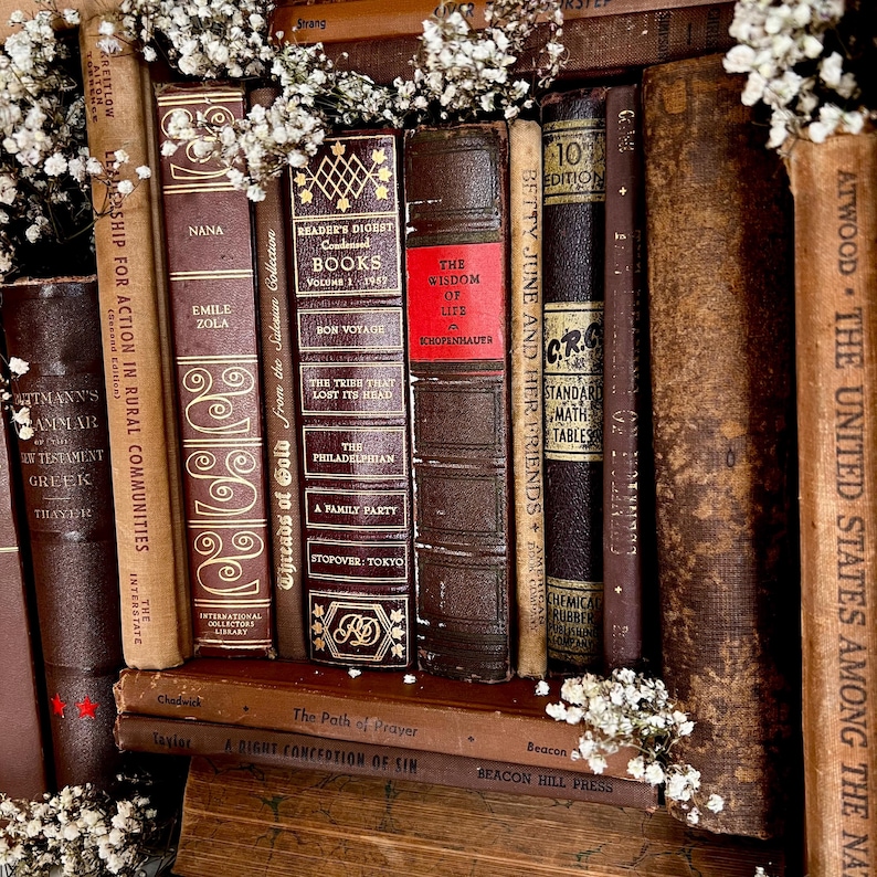 Op de afbeelding: Een verzameling antieke boeken met versleten, getextureerde covers in bruine en beige tinten. Titels zijn onder meer "The Wisdom of Life" en "Reader's Digest Condensed Books". Kleine witte bloemen zijn tussen de boeken gerangschikt en cre&euml;ren een klassieke esthetiek.