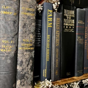 May include: A selection of vintage books with worn, textured covers. Titles include "Farm" by Richard Rhodes, "Hells Kitchen" by Jeffery Deaver, and "The Essential Guide to Prescription Drugs 1997". The books are displayed on a wooden shelf.