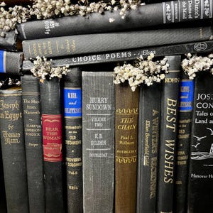 May include: A collection of antique books with various titles and colors, including black, brown, and blue spines. Some books are adorned with small white flowers, creating a vintage aesthetic. Titles include "Choice Poems" and "Best Wishes".