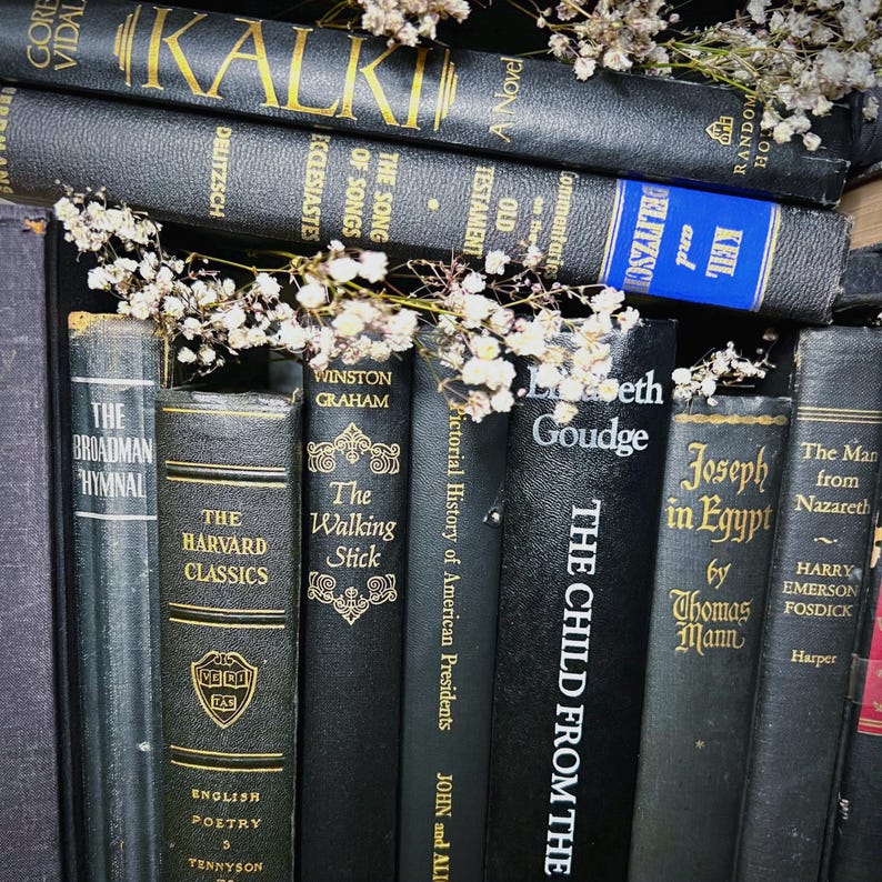 May include: A selection of antique books with black covers and gold lettering, featuring titles such as "Kalki," "The Walking Stick," and "Joseph in Egypt." Small white flowers are placed among the books, creating a classic aesthetic.