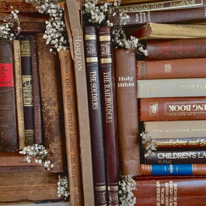 Op de afbeelding: Een verzameling vintage boeken in bruine en bordeauxrode tinten, met gouden letters. Titels zoals "The Soldiers" en "Holy Bible" zijn zichtbaar. Kleine witte bloemen zijn tussen de boeken geplaatst.