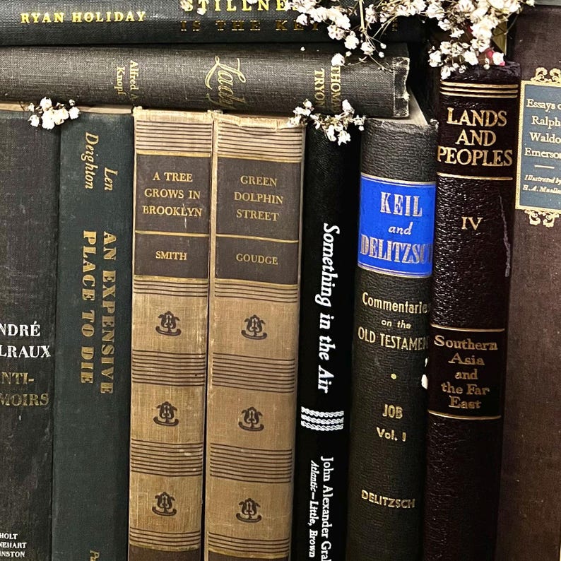 May include: A selection of antique books with diverse titles and colours. The spines are in shades of brown, black, and tan, with gold lettering. Some books feature decorative elements and floral accents. Titles include "A Tree Grows in Brooklyn" and "Something in the Air."