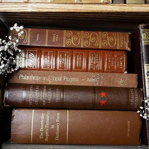 Op de afbeelding: Een stapel vintage boeken met bruine en bruinbeige covers. Titels zijn onder meer "Nana" van Emile Zola, "Philanthropy and Social Progress" en "The Doubleday Roget's Thesaurus". De boeken zijn gerangschikt op een houten plank.