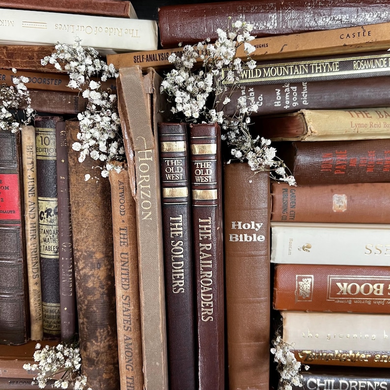 Op de afbeelding: Een verzameling vintage boeken in verschillende bruin- en beigetinten, met titels als "The Soldiers" en "Holy Bible". Kleine witte bloemen zijn tussen de boeken geplaatst, wat een rustieke en vintage uitstraling cre&euml;ert. De boeken zijn op elkaar gestapeld.