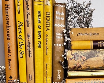 Vintage Yellow Book Decor | Curated Hardcover Book Set | Office Decor, Dark Academia Aesthetic, Summer Bookshelf Decor, Wedding Table Decor