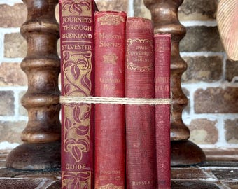Antique Books | Set Of 4 | Burgandy with Gold Gilt Classic Literature | Dickens & Stevenson | Vintage Ornate Early 1900’s Library Collection