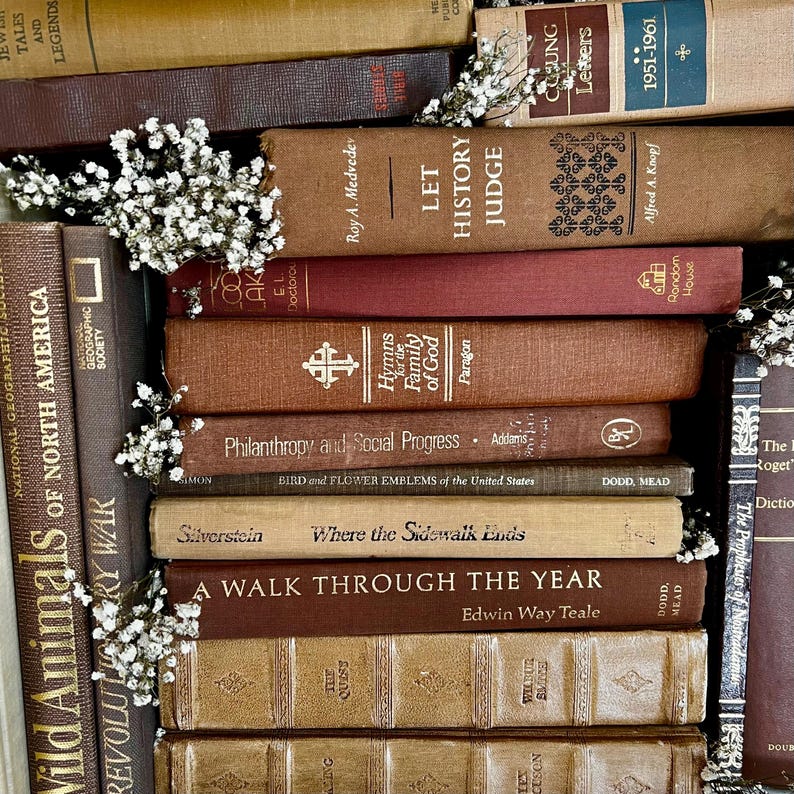Op de afbeelding: Een verzameling vintage boeken in verschillende bruin- en beigetinten, gestapeld. Titels zijn onder meer "Let History Judge" en "Where the Sidewalk Ends". Kleine witte bloemen zijn tussen de boeken geplaatst, wat een klassieke, literaire esthetiek cre&euml;ert.