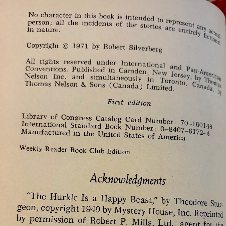May include: A book page with text detailing copyright information and edition details. The text includes the copyright year 1971, the author Robert Silverberg, and the phrase "Weekly Reader Book Club Edition."