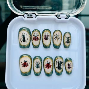 3D Bug Gallery Press On Nails, Gothic Beetle & Ladybug Nail Art, Unique Nature Lover Gift