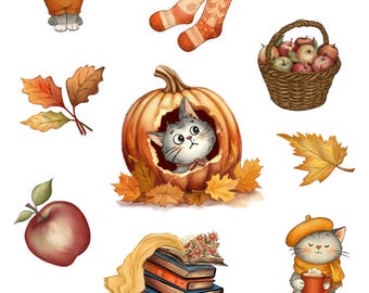 Op de afbeelding: Een verzameling herfst-thema illustraties met cartoon katten, pompoenen, appels, bladeren, sokken, een trui, boeken en een mand met appels. Het kleurenpalet omvat oranje, bruin, geel en groen.