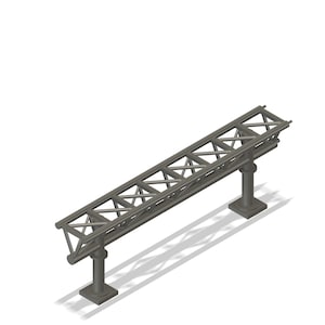 Puede incluir: Dos estructuras de celosía metálica gris se representan sobre un fondo blanco. Una es una estructura larga y rectangular, similar a un puente, sostenida por dos pilares verticales. La otra es una estructura de celosía más pequeña e inclinada.