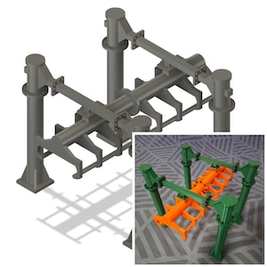 May include: A 3D-rendered model of a mechanical device, primarily gray, with a complex structure of beams, supports, and cylindrical components. A smaller, colorful version in green and orange is shown in the corner.