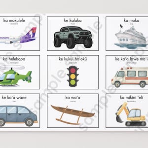 May include: A grid of nine educational flashcards featuring illustrations of transportation and traffic objects. Each card displays a Hawaiian term, its English translation, and a corresponding image of an airplane, truck, ship, helicopter, traffic light, ambulance, van, canoe, or excavator.