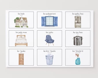 Könnte beinhalten: Ein Set aus Lernkarten mit Aquarellillustrationen von Haushaltsgegenständen. Jede Karte hat ein hawaiianisches Wort und eine englische Übersetzung. Die Bilder zeigen ein Haus, ein Fenster, einen Kühlschrank, ein Bett, einen Stuhl, einen Topf, eine Tür, einen Mülleimer und eine Sprühflasche.