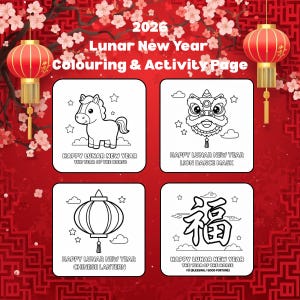 Puede incluir: Una página para colorear y actividades con temática del Año Nuevo Lunar, con un fondo rojo e ilustraciones cuadradas. Las ilustraciones incluyen un caballo, una máscara de danza del león, una linterna china y el carácter chino para "bendición". También está presente el texto "2026 Año Nuevo Lunar".