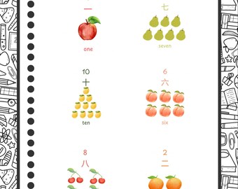 Flashcard numeriche bilingue 1–10 / 中英文數字卡 / PDF A5 / Conteggio della frutta / Download istantaneo
