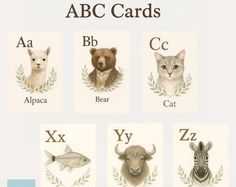 Eleganti carte ABC stampabili con animali / Schede didattiche dell'alfabeto Montessori / Stampa di animali dalla A alla Z