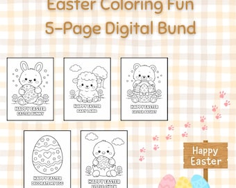 Disegni da colorare di Pasqua per bambini piccoli / Pulcino, Coniglietto, Agnello (download digitale)