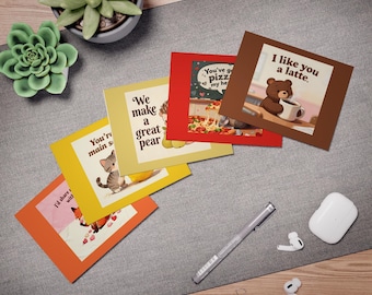 Paquete B - Tarjetas de San Valentín con lindas tarjetas de felicitación de comida de animales (5 unidades): oso, mapache, erizo, gatito y zorro.