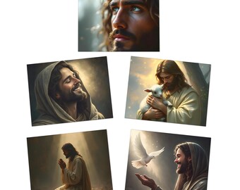 May include: A set of five digital art prints showing a man with long hair and a beard. The images portray the man in different poses: looking upwards, smiling, holding a lamb, praying, and releasing a dove. The art style is soft and ethereal, with warm, golden tones.
