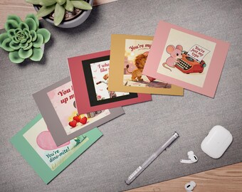 Paquete A - Tarjetas de San Valentín con animales adorables. Paquete de 5 tarjetas de felicitación: ratón, león, perro, elefante y dinosaurio.