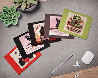 Paquete C - Tarjetas de San Valentín con animales adorables y sarcásticos. Paquete de 5 tarjetas de felicitación: dragón, murciélago, gato negro, cuervo y panda.