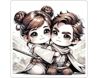 Pegatina troquelada de pareja espacial chibi / Personajes adorables inspirados en Star Wars