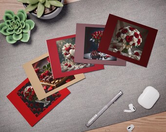 Paquete I - Tarjetas de San Valentín de lujo con chocolates y rosas. Paquete de 5 tarjetas de felicitación.